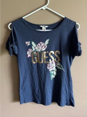 GUESS Kids Dark Blue Cut Out Shoulder Short Sleeve Tee, Size Large 14